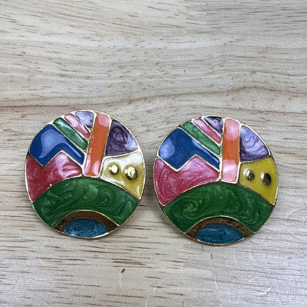 Vintage Retro Multicolor Enamel Gold Tone Clip On Earrings 1.25”
